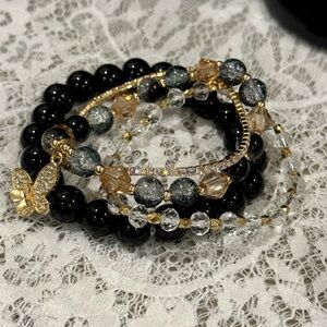 Black and Gold Beaded Bracelet Set (4)